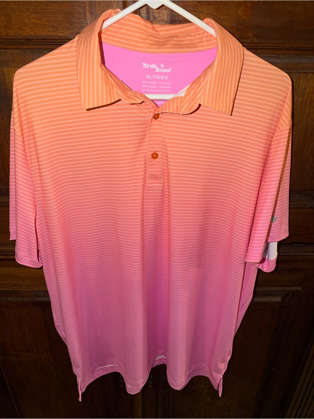 Birdie Bound Striped Polo Shirt Men's XL Pink Orange Short Sleeve Collared Logo